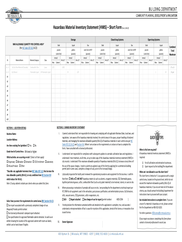 Fillable Online Hazardous Material Inventory Statement (HMIS) Short