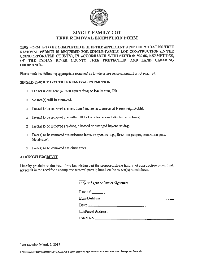 Fillable Online SINGLEFAMILY LOT TREE REMOVAL EXEMPTION FORM Fax Email Print pdfFiller