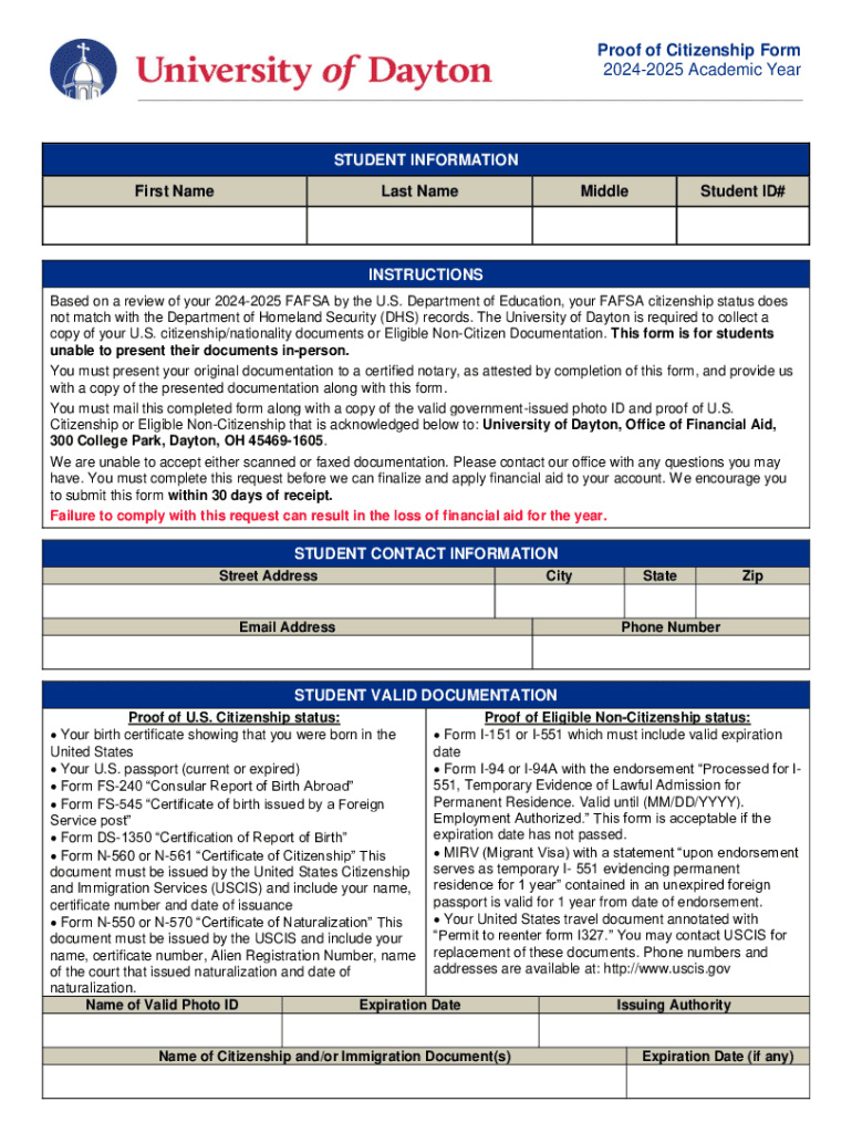 Fillable Online Proof of Citizenship Form 2024-2025 Academic Year Fax ...