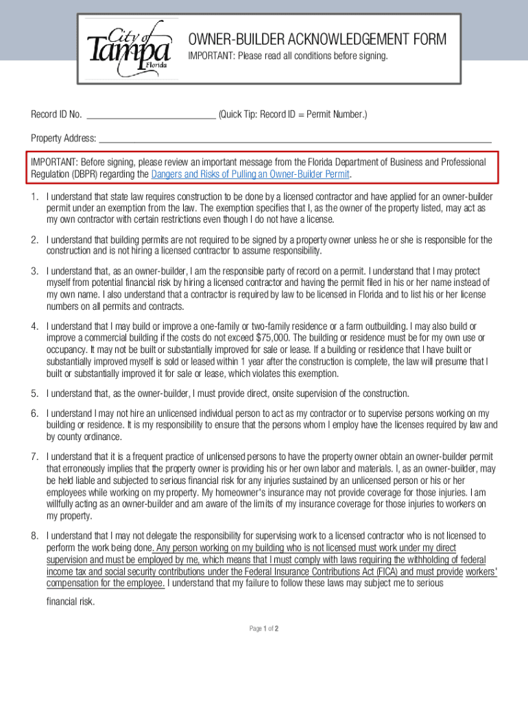 Fillable Online Owner/Builder Acknowledgement and Information Packet
