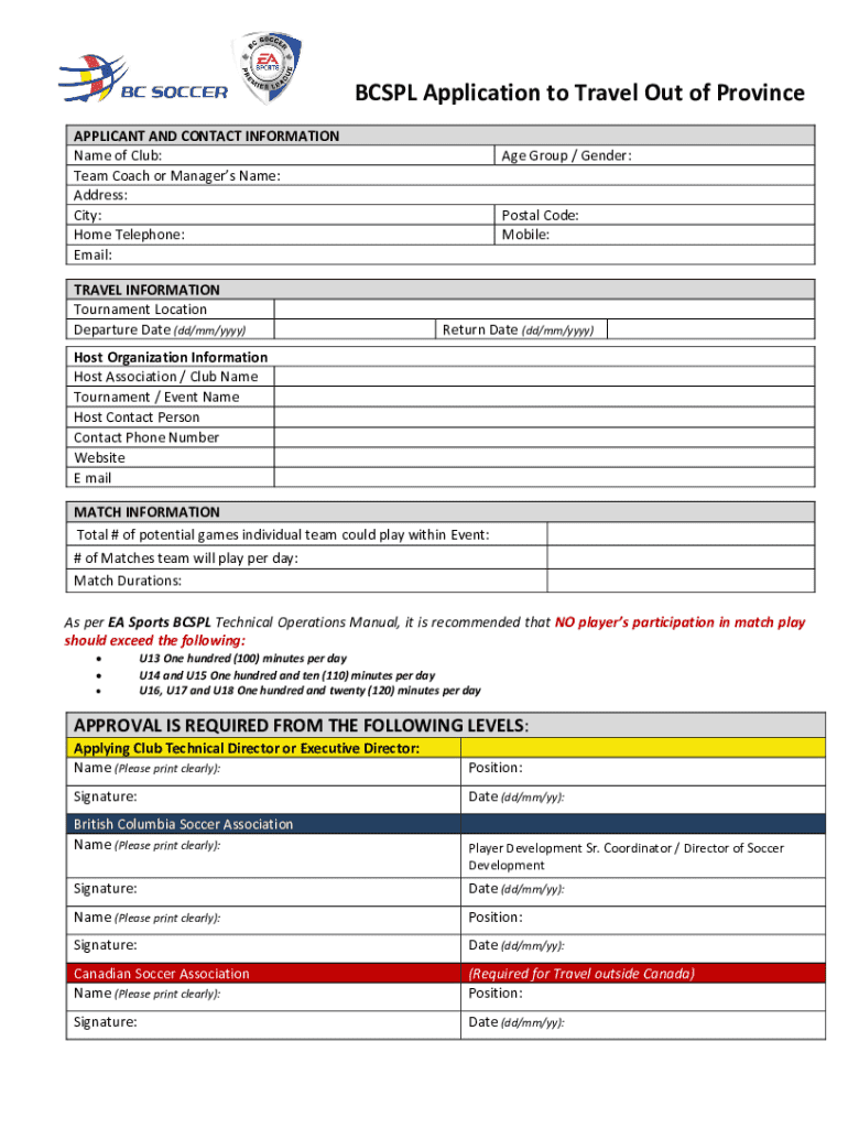 Fillable Online BCSPL Application to Travel Out of Province Fax Preview on Page 1