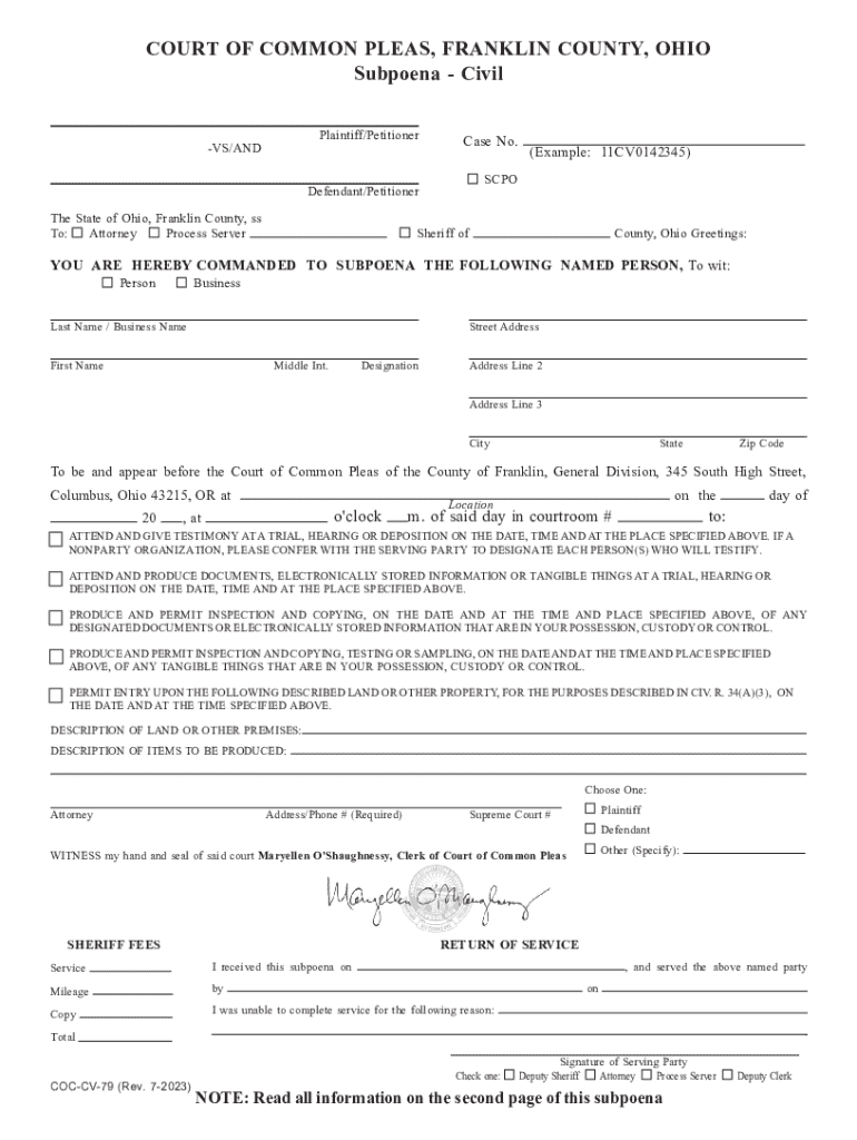 Subpoena Civil :: Ohio :: Clerk Of Courts :: Franklin Preview on Page 1