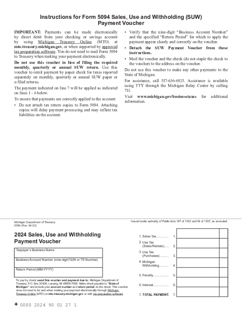 Instructions for Form 5094 Sales, Use and Withholding (SUW Preview on Page 1