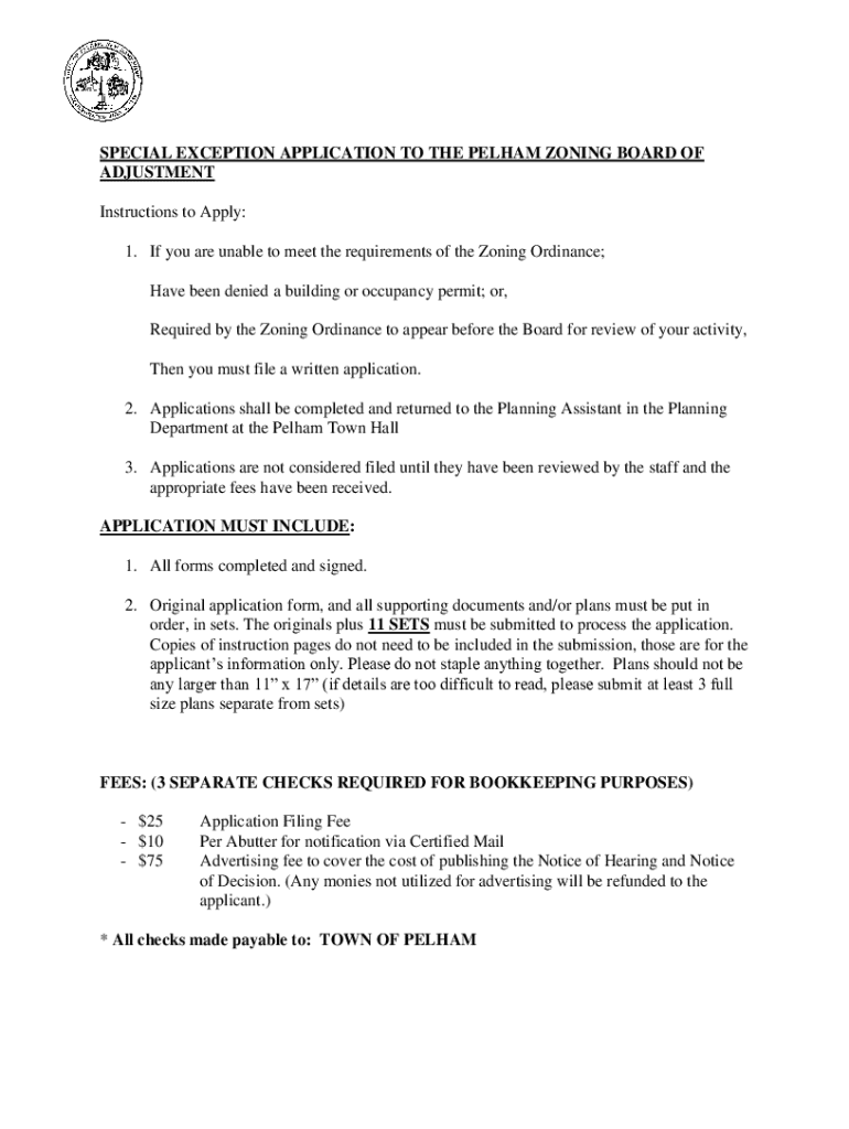 Fillable Online special exception application to the pelham zoning board of Fax Email Print