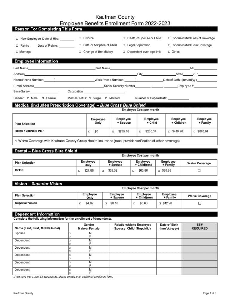 Fillable Online Kaufman County Employee Benefits Enrollment Form