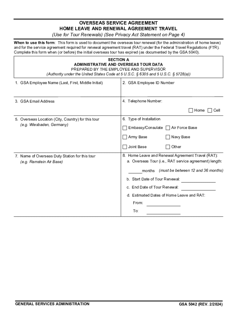 GSA 5042 - Overseas Service Agreement - Home Leave and Renewal Agreement Travel Preview on Page 1