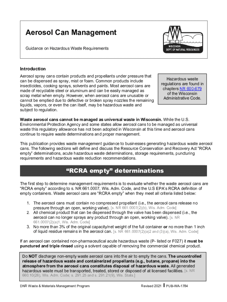 Fillable Online Aerosol Cans Management (WA1784). Requirements for