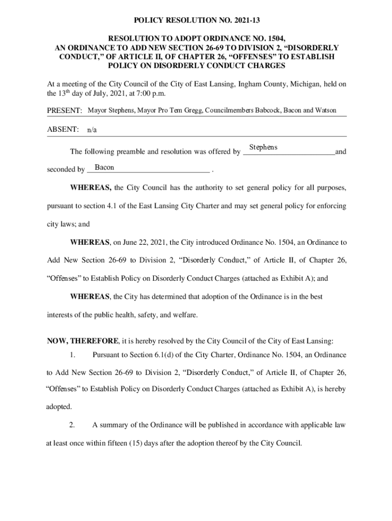 Fillable Online POLICY RESOLUTION NO. 2021-13 RESOLUTION TO ADOPT ...