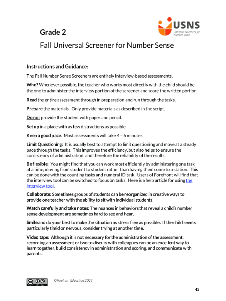 Fillable online grade 2 fall universal screener for number sense fax