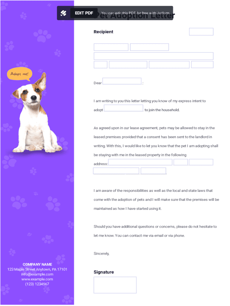 Fillable Online Pet Adoption Letter Template (PDF). Create a standard ...