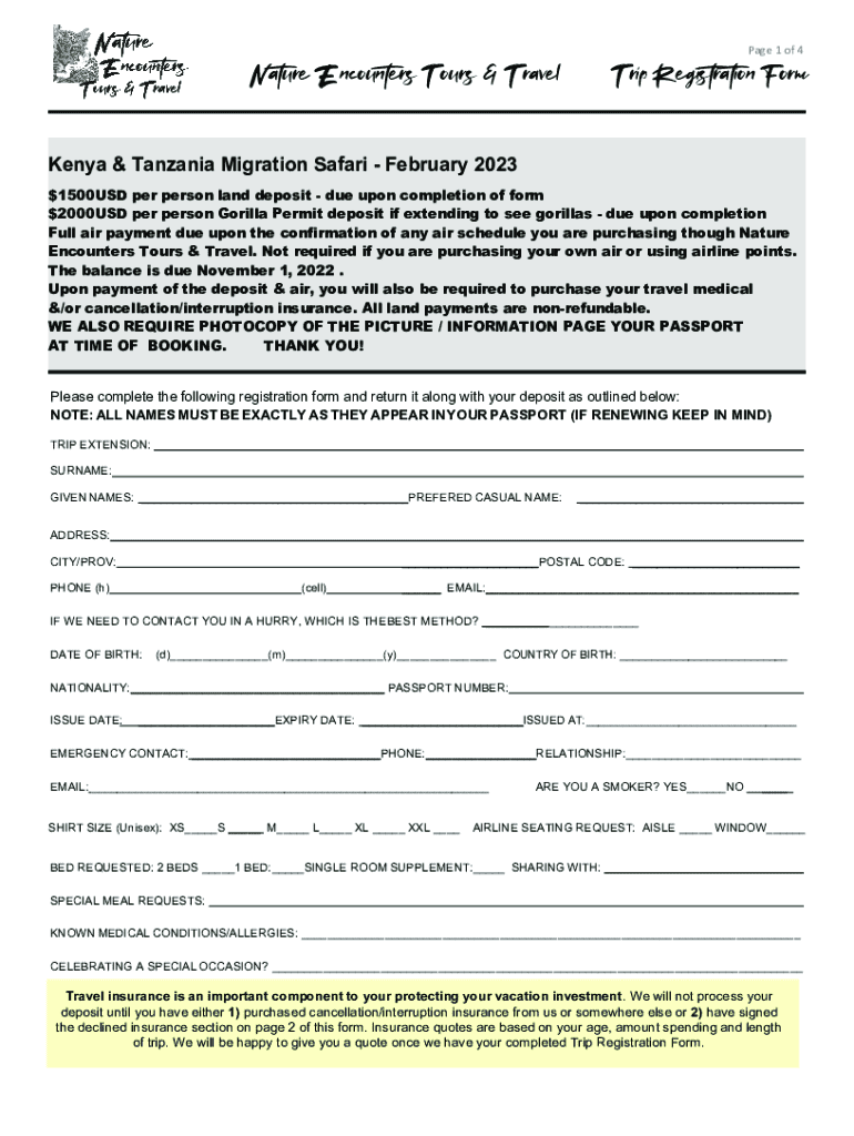 Fillable Online Nature Encounters Tours & Travel Trip Registration Form