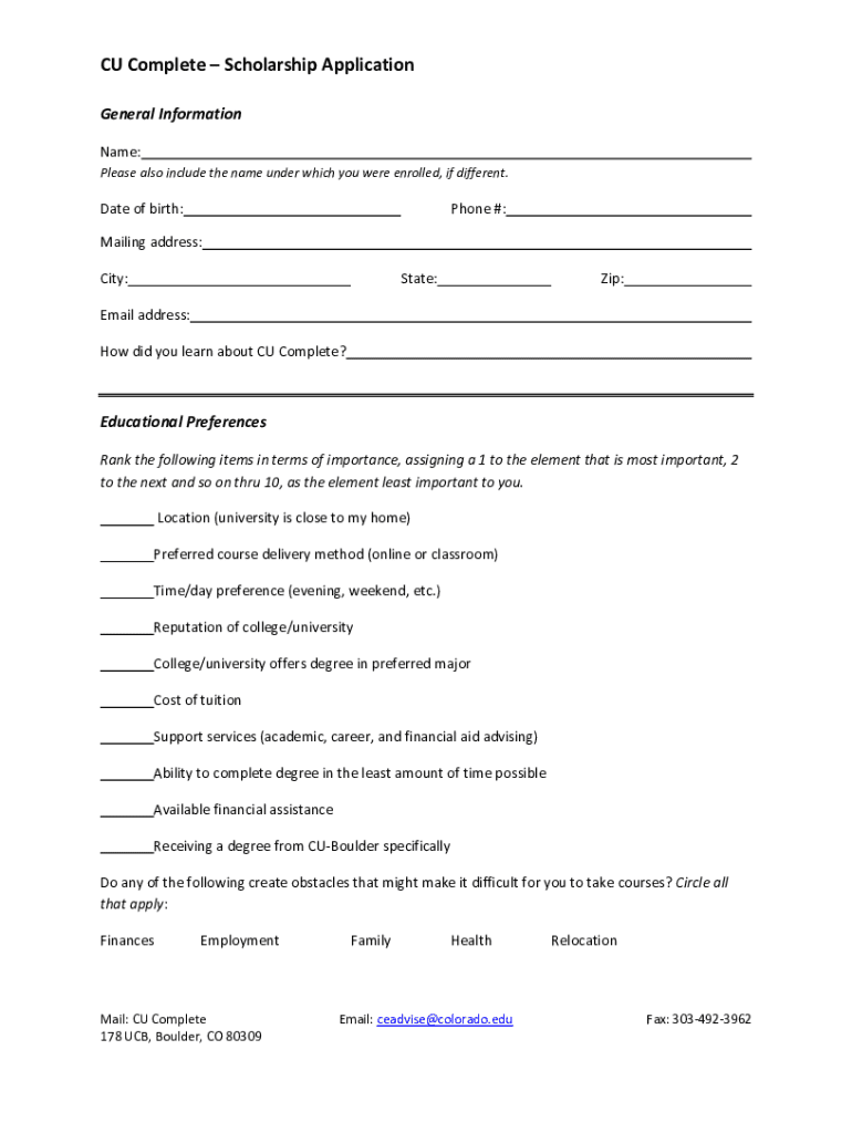 Fillable Online ce colorado CU CompleteScholarship Application Fax ...