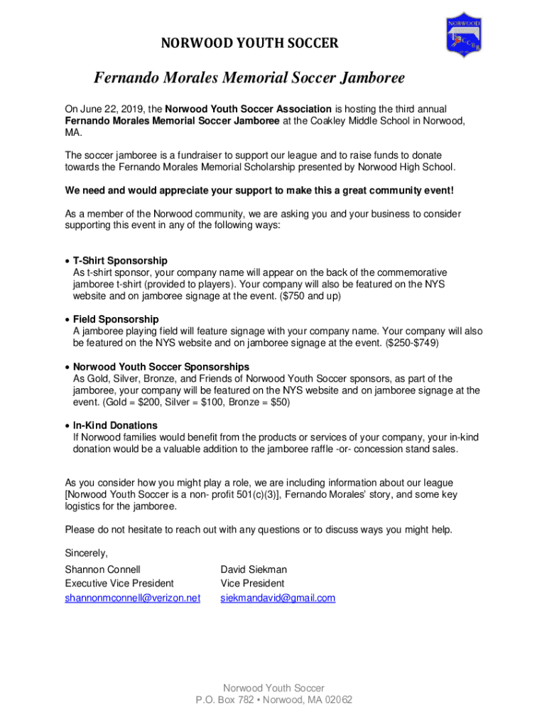 Fillable Online On June 22, 2019, the Norwood Youth Soccer Association