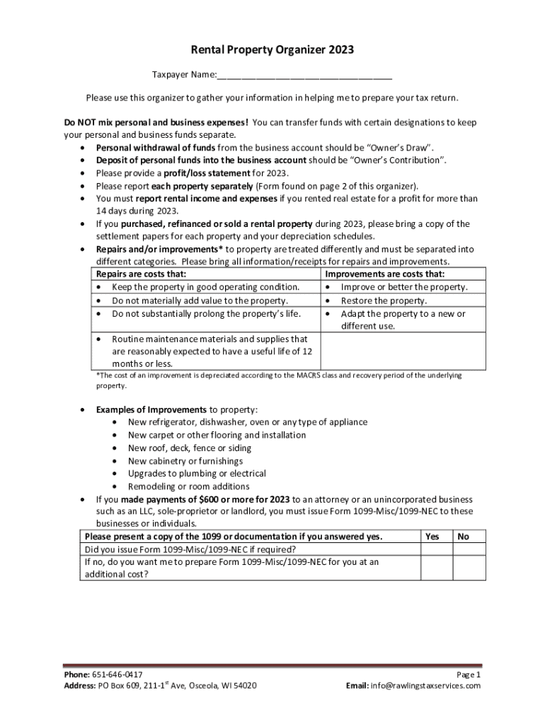 Fillable Online Rental Property Tax Organizer Speiker & Company Fax