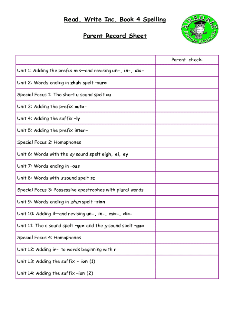 Fillable Online Read, Write Inc. Book 4 Spelling Parent Record Sheet ...