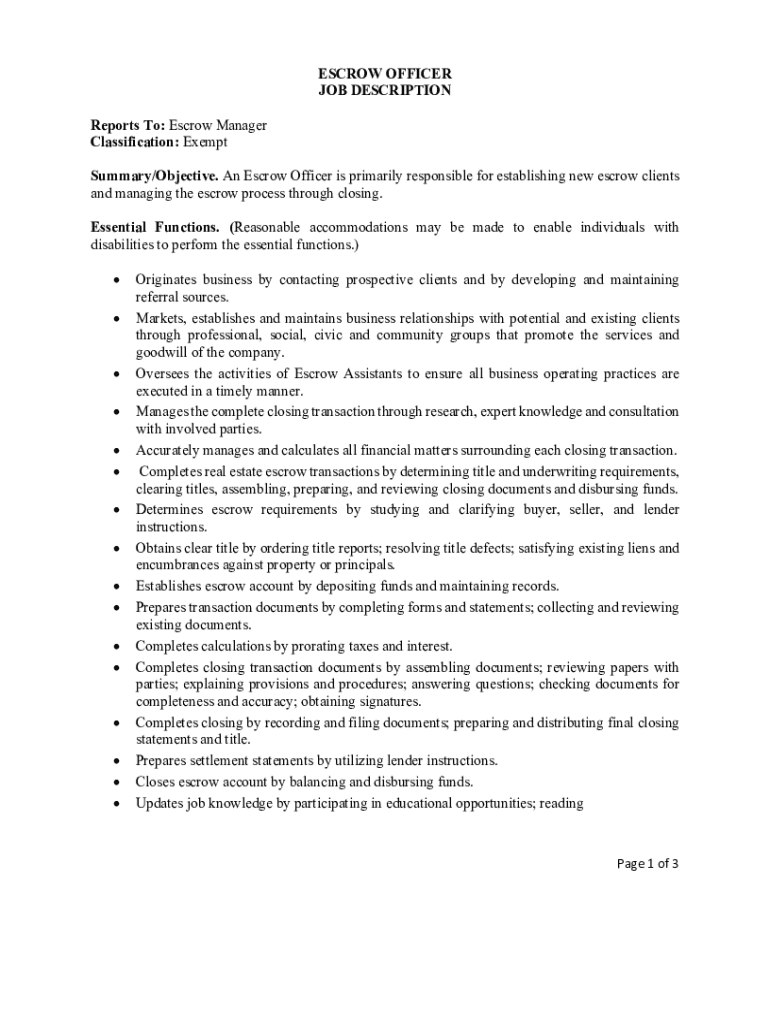 Fillable Online Escrow Officer job description template Fax Email Print