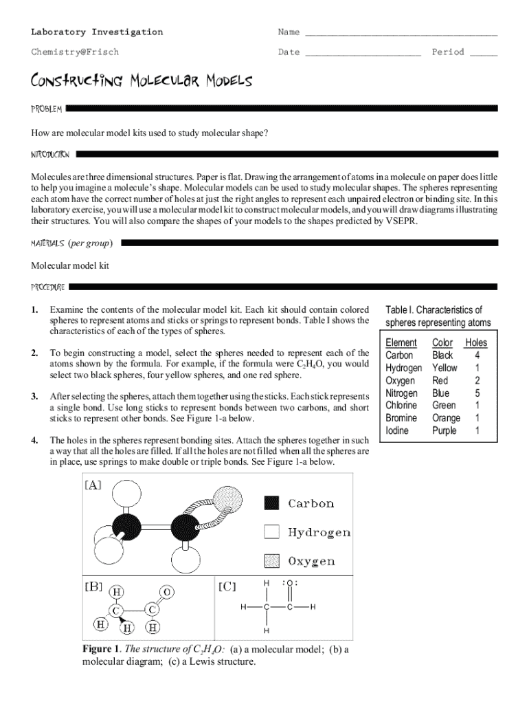 Fillable Online VSEPR Molecular Models Lab.doc Honors Chemistry Name