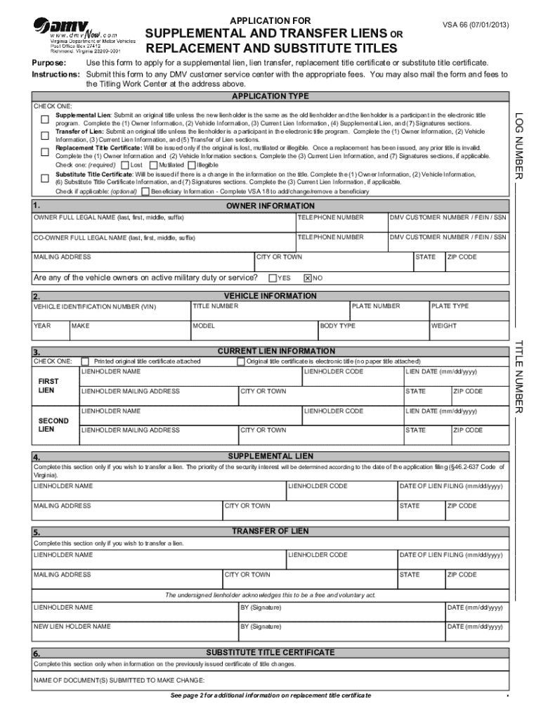 Fillable Online Fillable Form VSA 66 Virginia Vehicle Title Transfer