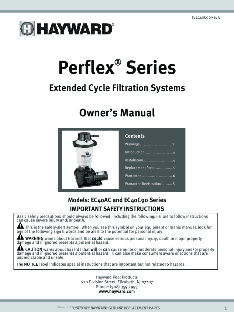 Fillable Online Hayward EC40AC Perflex ExtendedCycle D.E. Pool Filter
