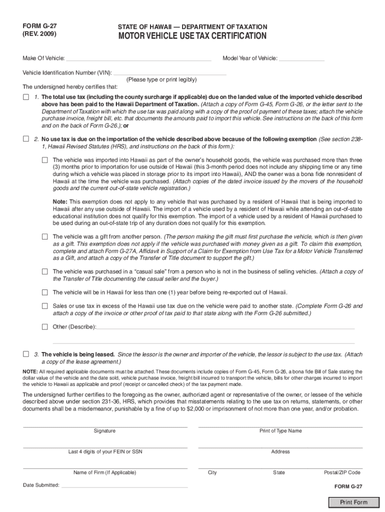 Fillable Online Form G27, Rev 2008, Motor Vehicle Use Tax