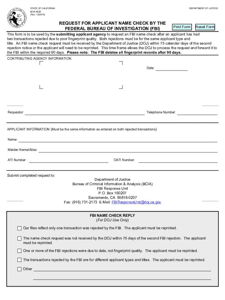 BCIA 8020, Request for Applicant Name Check by the Federal Bureau of Investigation (FBI) Preview on Page 1