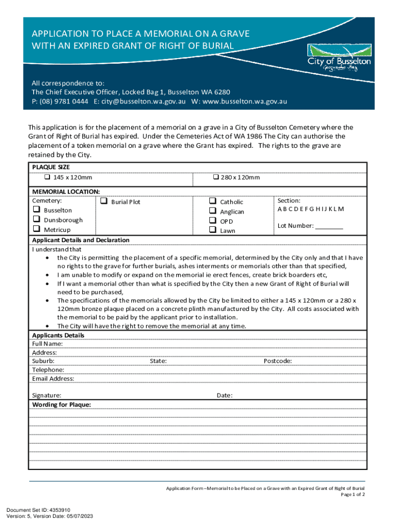 Fillable Online ECM4353910v5Application Form Memorial to be Placed on