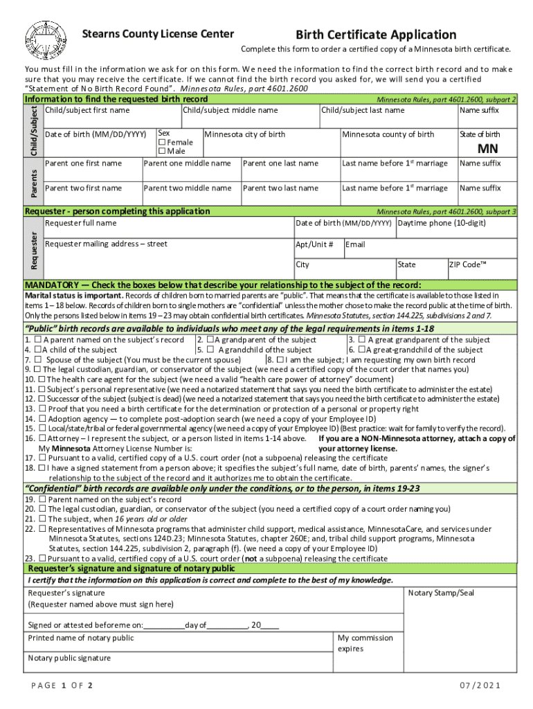 Birth Certificate Application - Faribault County MN Preview on Page 1