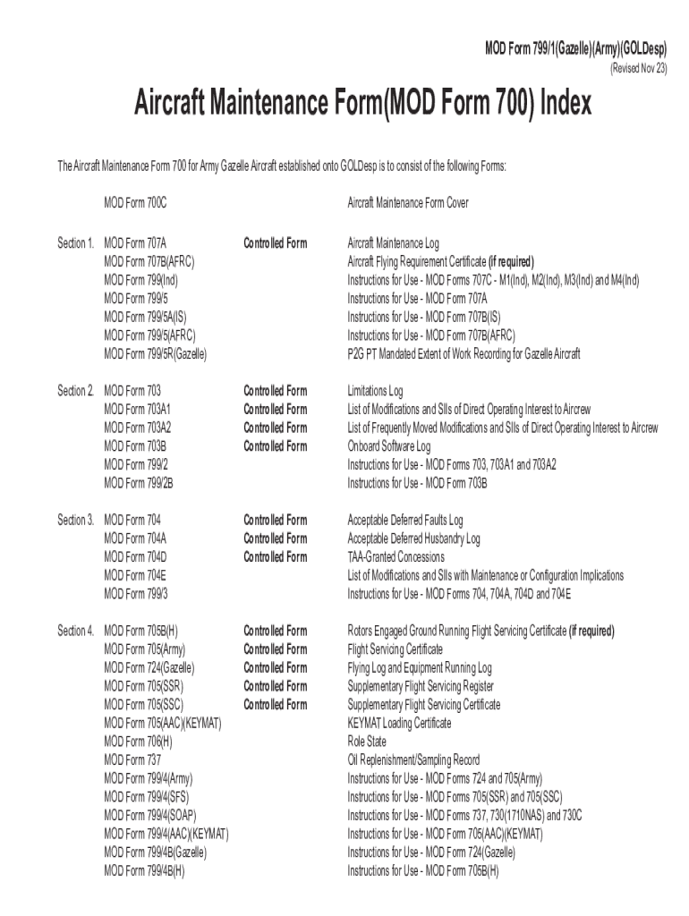 Fillable Online Aircraft Maintenance Form(MOD Form 700) Index Fax Email ...