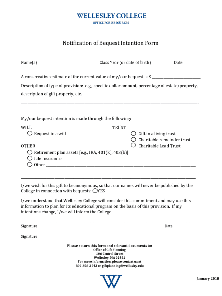 Fillable Online Notification of Bequest Intention Form Fax Email Print