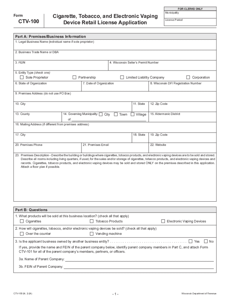 Fillable Online 2024 Form CTV100 Cigarette, Tobacco, and Electronic