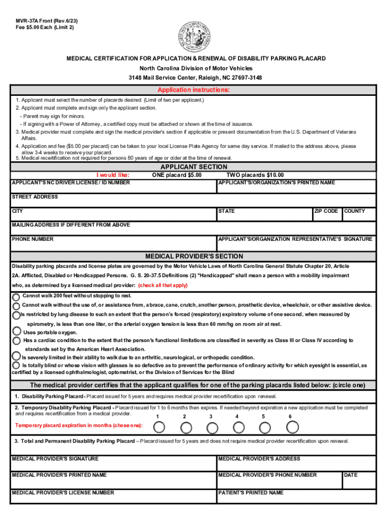 North Carolina Application for Disability Parking Placard Preview on Page 1