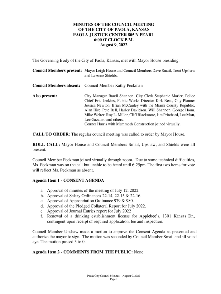 Fillable Online Mayor Leigh House and Council Members Dave Smail