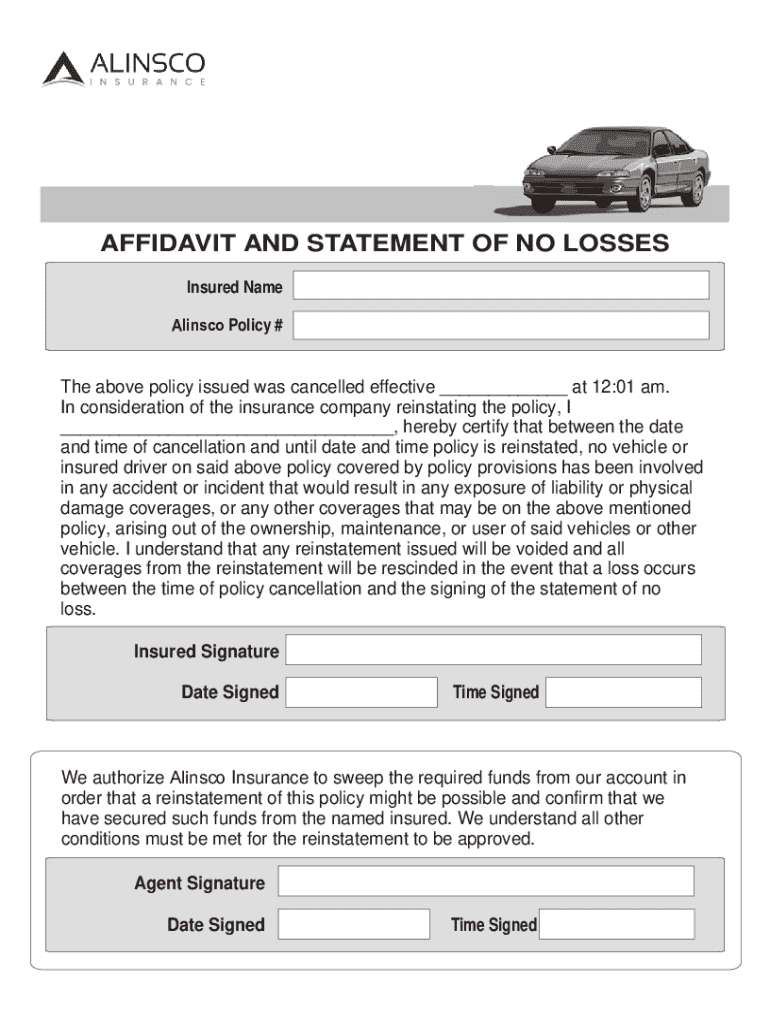 Fillable Online Affidavit and Statement of No Losses Fax Email Print