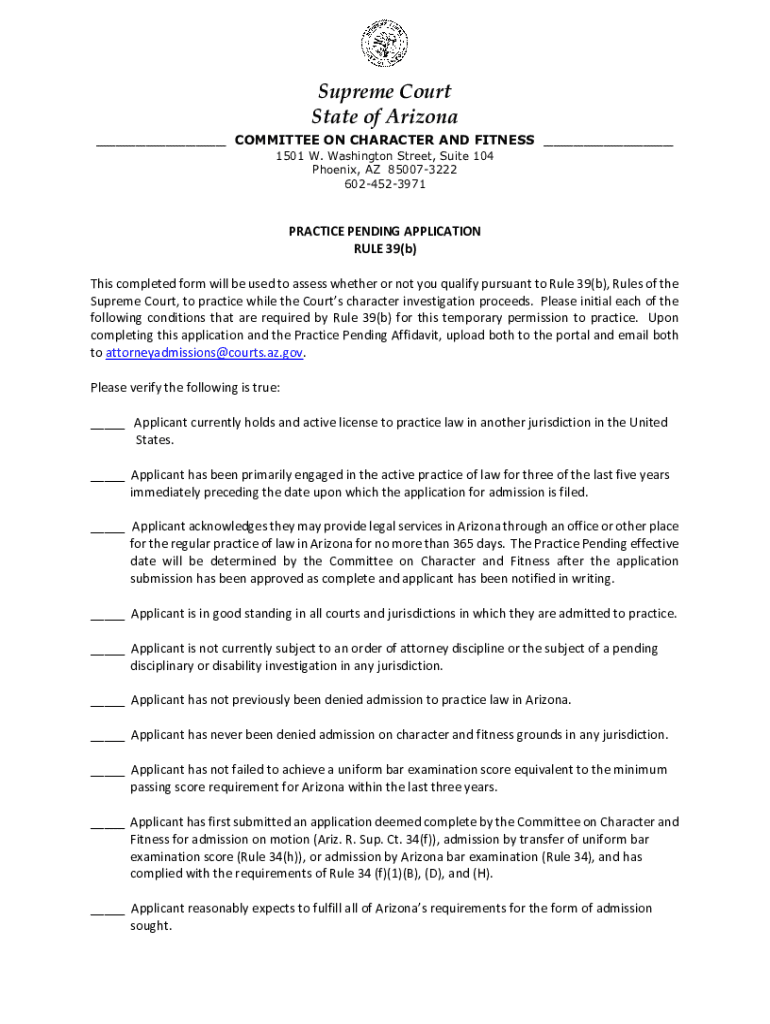 Fillable Online Arizona State Bar Admission Office Practice Pending