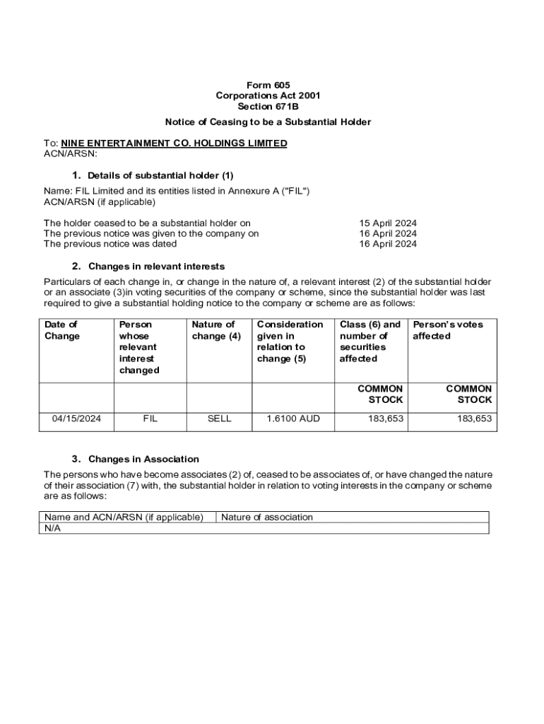 Fillable Online Form 605Nine Entertainment Company Holdings Limited20240415.doc Fax Email Print