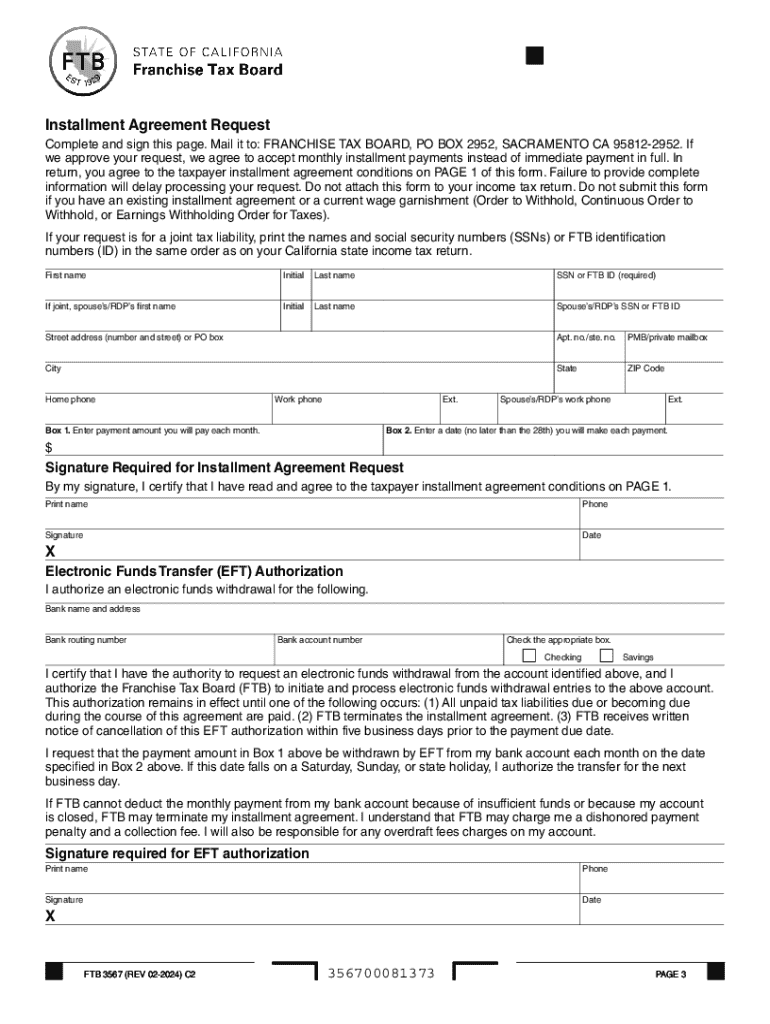 FTB 3567 Installment Agreement Request FTB 3567, Installment Agreement Request Preview on Page 1