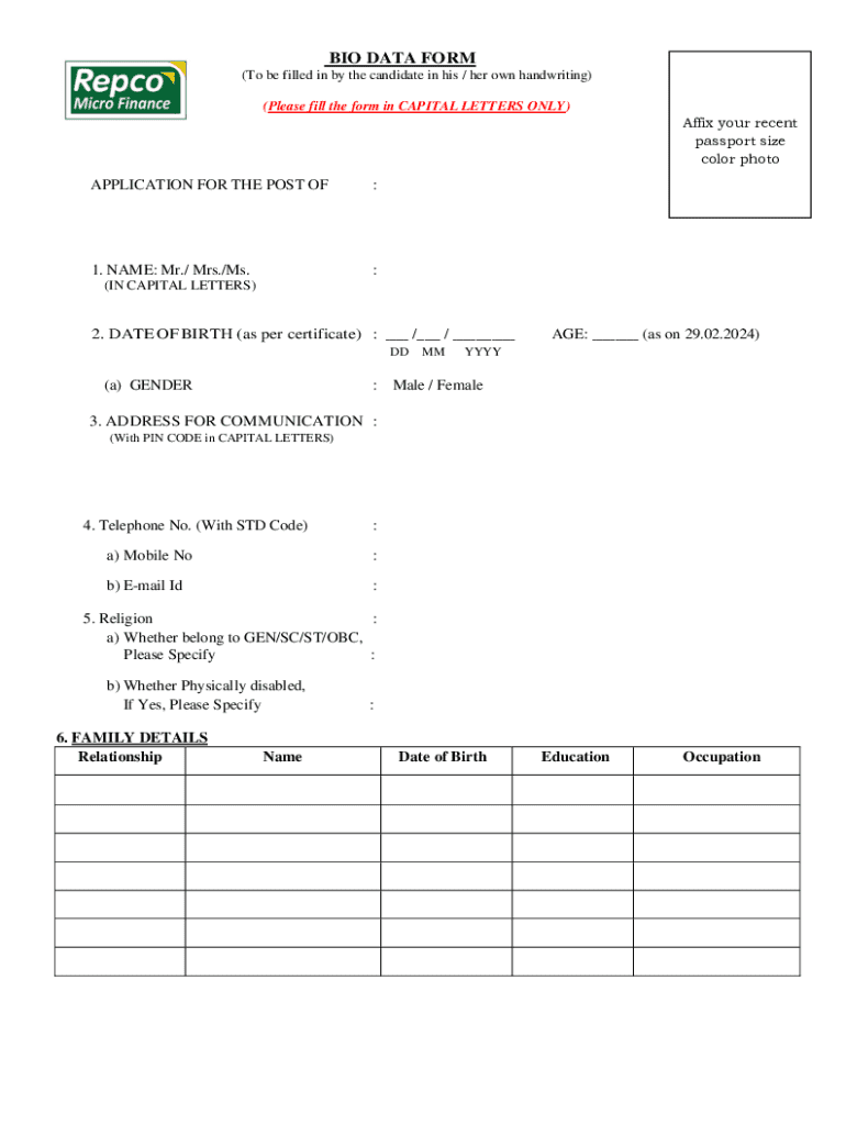 Fillable Online 18 Printable Bio Data Form Format Templates Fax Email ...