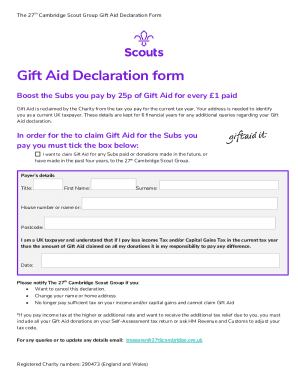 The 27th Cambridge Scout Group Gift Aid Declaration Form