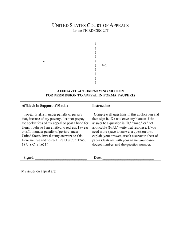 Fillable Online Permission to Appeal In Forma Pauperis and Affidavit ...