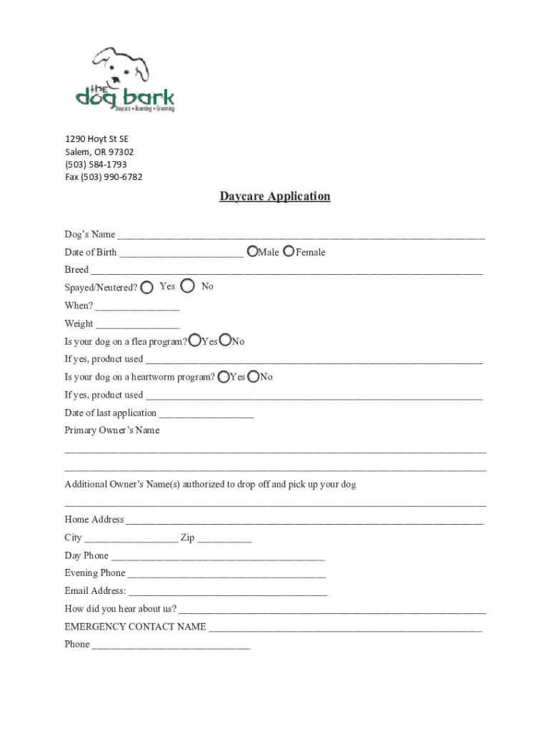 Fillable Online 5035841793 The Dog Bark Daycare Day Care in Salem, OR Fax Email Print