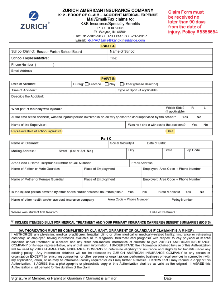 Fillable Online Zurich American Insurance Company Proof of CLAIM