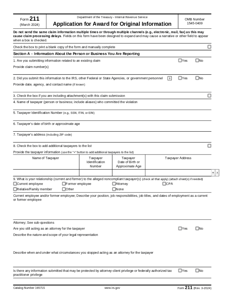 Form 211 (Rev 3-2024) Application for Award for Original Information Preview on Page 1