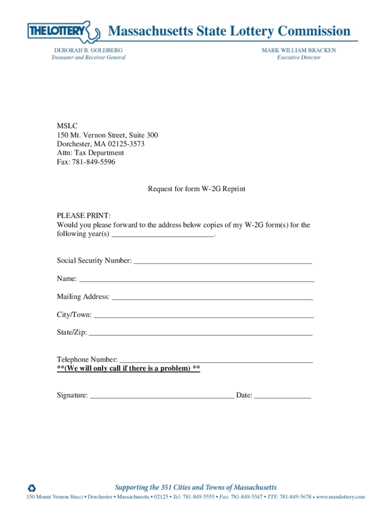 Tax Department Fax: 781-849-5596 Request for form W-2G Rep Preview on Page 1