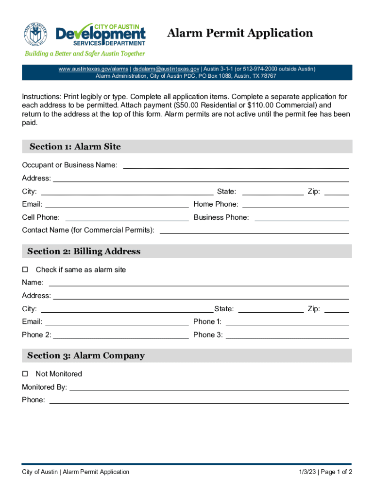 Austin Police Department Alarm Permit Application 3 Alarm Preview on Page 1