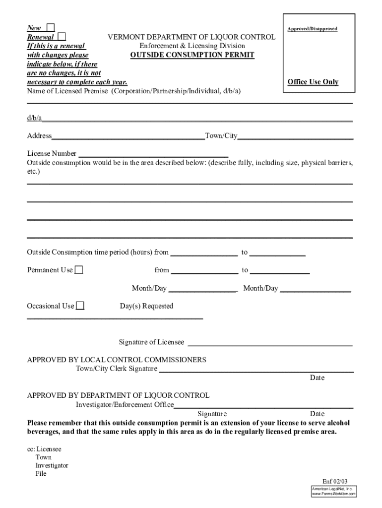 Fillable Online VT DLC Outside Consumption Permit application Fax Email Fillable Online VT DLC Outside Consumption Permit application Fax Email