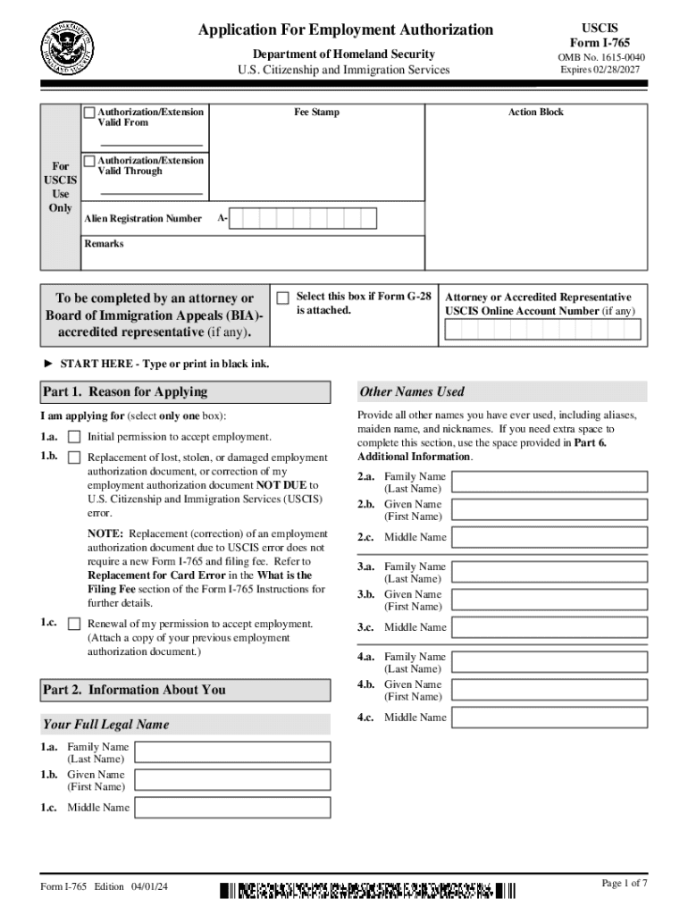 Form I-765V, Application for Employment Authorization for Preview on Page 1