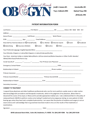Fillable Online PATIENT INFORMATION FORM - Lakewood Ranch OBGYN Fax ...