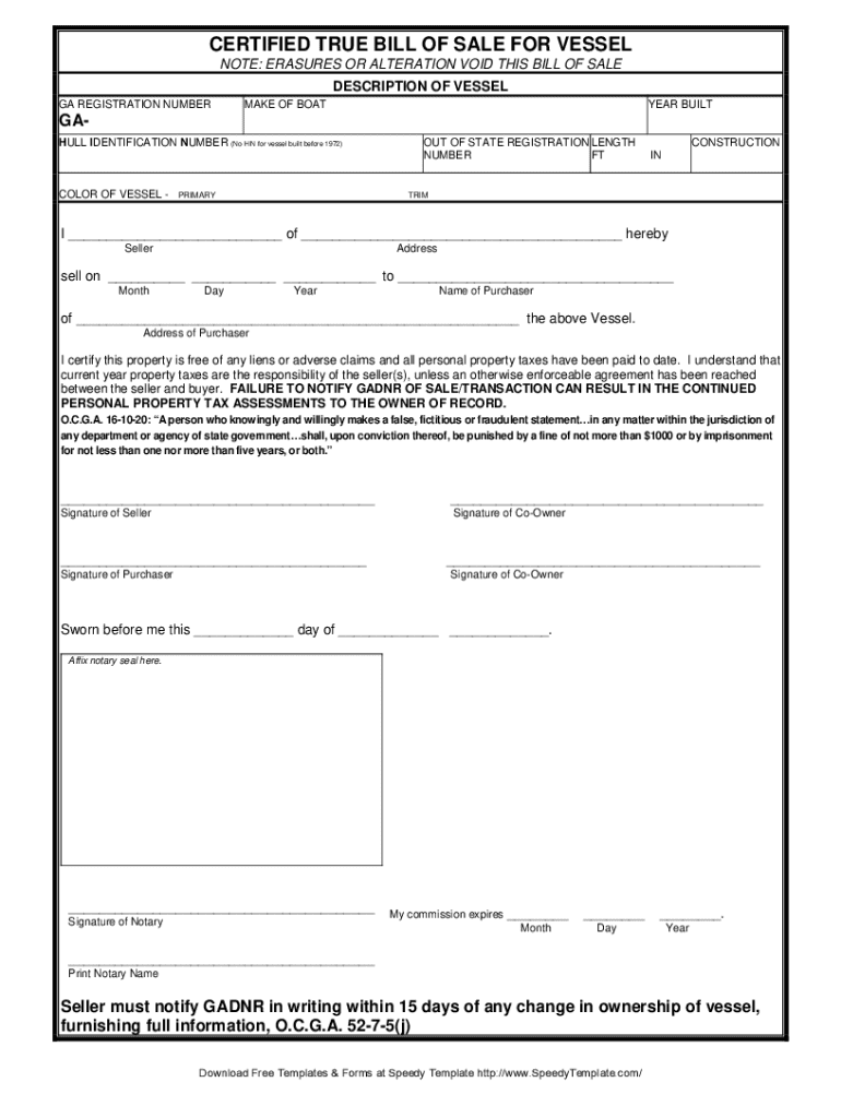 Fillable Online Bill Of Sale Form Georgia Boat Bill Of Sale Fax Email