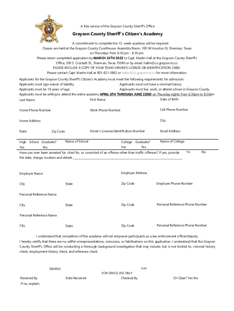 Fillable Online Grayson Co. Sheriff's Office offer 12week citizen's academy Fax Email Print