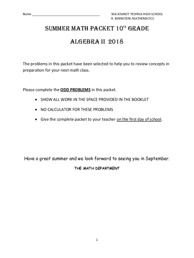 Fillable Online SUMMER MATH PACKET 1 For students entering algebra